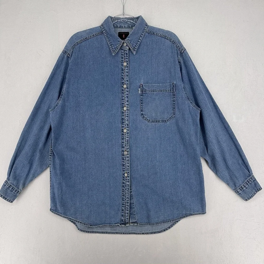 Vintage Levi's‎ Shirt Mens Large Blue Denim Metal Buttons Red Tab Hong Kong 90s